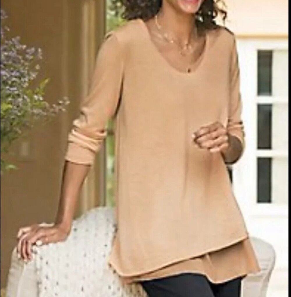 Soft Surroundings Long Slv Layer Knit Blouse Sz M Wool Alpaca Wool Bld Camel Tan